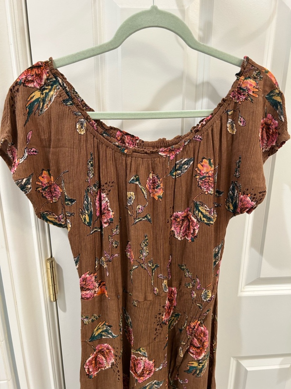 O'Neill Conners Off The Shoulder Midi Dress Crinkle Gauze Floral Boho Pink Brown - Picture 3 of 12